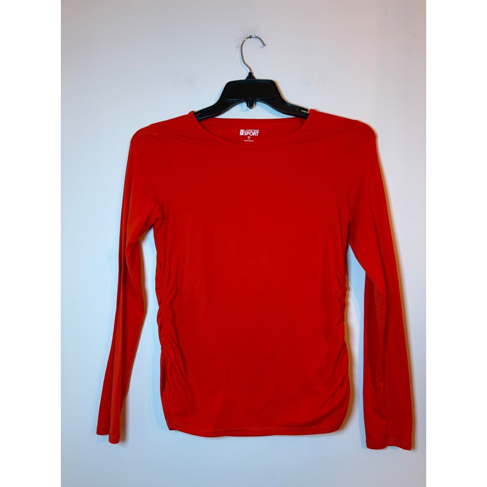 Lands End Sport Top Womens XS Red Long Sleeve Ruched Activewear Stretch T-Shirt